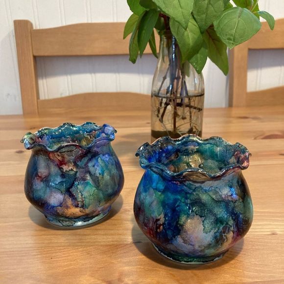 Artisan Other - New Hand Painted Glass Tealight Holders Colorful Alcohol Ink - Set of 2
